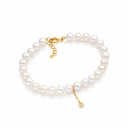 Pulseira Ouro Amarelo com Pérolas Biwa e Pingente Diamante