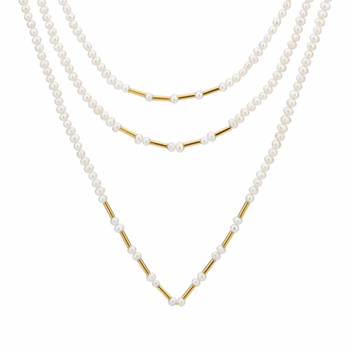 Colar Triplo Ouro Amarelo com Canutilhos e Pérolas