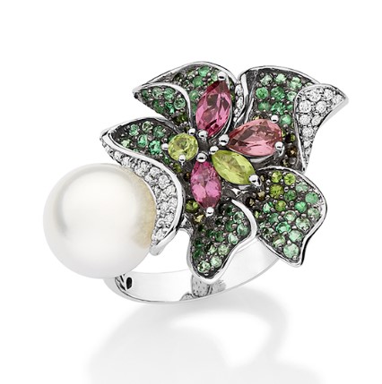 Anel Ouro Branco Flor Gemas Coradas Diamantes e Pérola South Sea