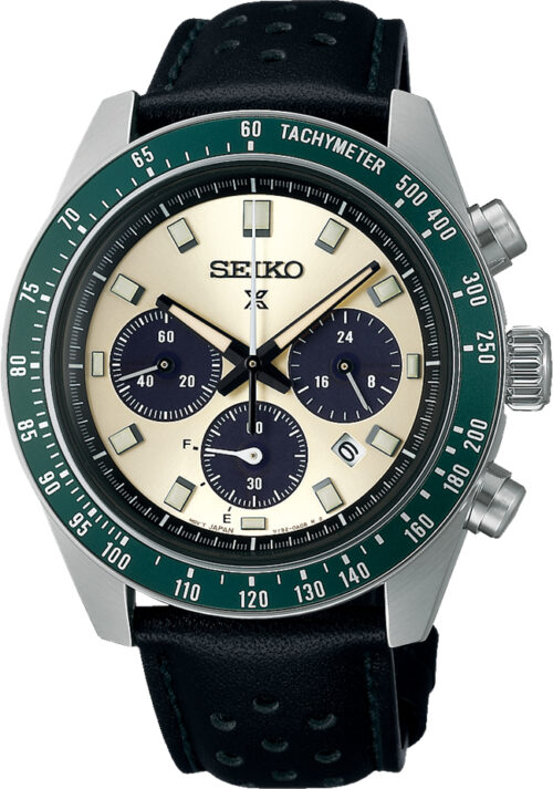 Relógio aço solar Seiko Speedtimer, pulseira couro