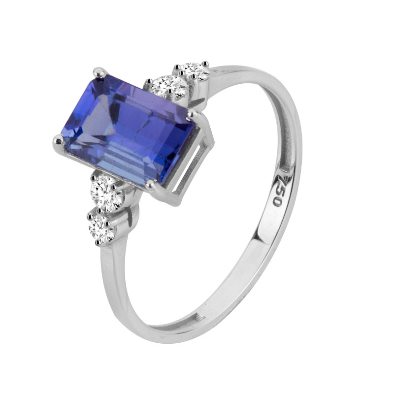 Anel ouro branco, tanzanita retangular 1,95 ct, diamantes 0,20 ct
