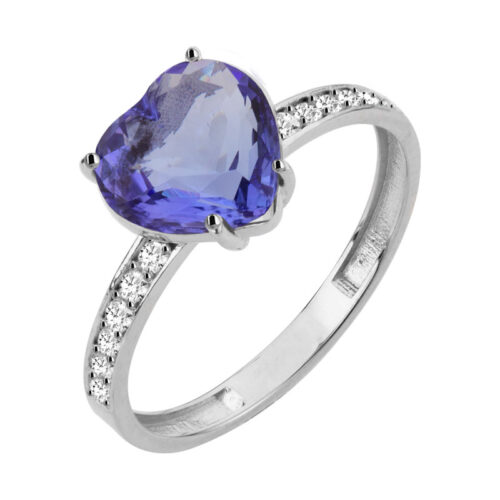 Anel ouro branco tanzanita coração 2,90ct, diamantes 0,12ct 
