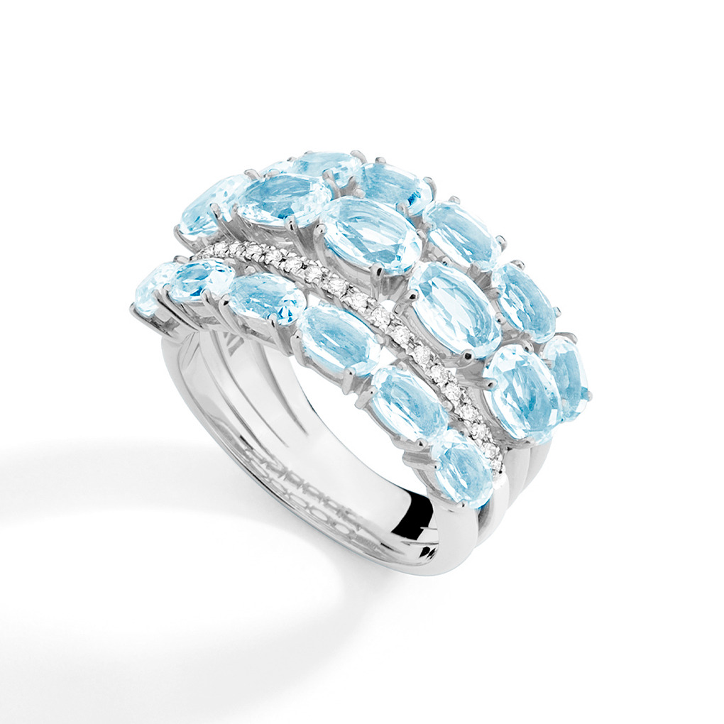 Anel ouro branco, topázios azuis 6,35 ct e diamantes 0,10 ct