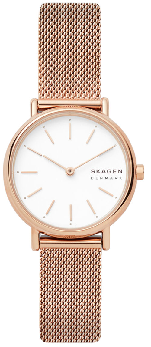 Relógio aço rosé, mostrador branco, grifos, pulseira esteira rosé.