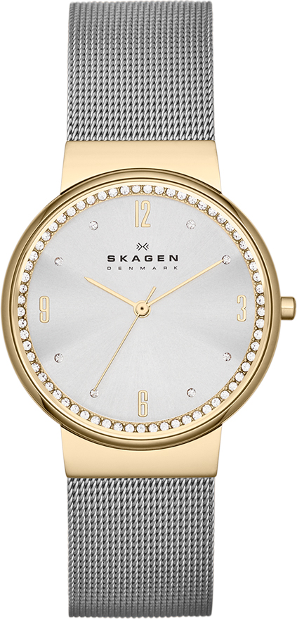 Relógio aço bicolor, caixa dourada, mostrador prata, pulseira esteira aço.