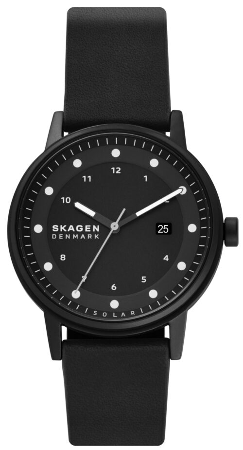 Relógio aço preto, mostrador preto, arábicos brancos, pulseira couro preta.