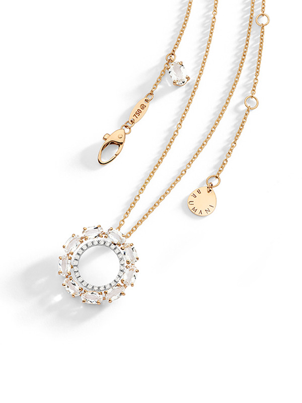 Gargantilha ouro rosé, pingente quartzos tranlúcidos 2,11 ct e diamantes 0,11 ct