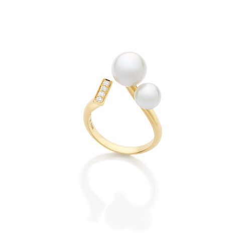 Anel ouro amarelo, pérolas Biwa e diamantes 