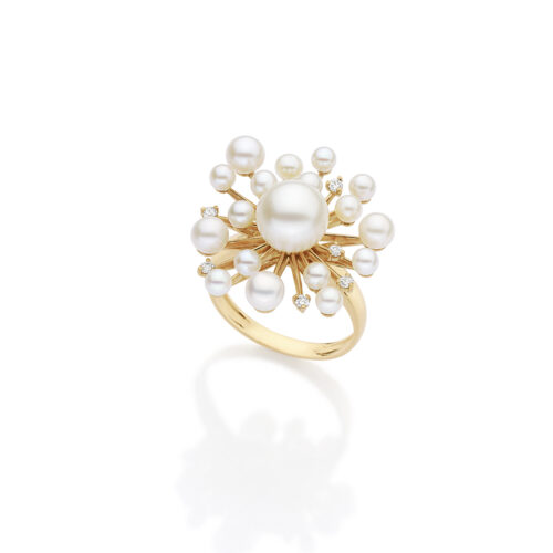 Anel ouro amarelo, pérolas Biwa e diamantes 