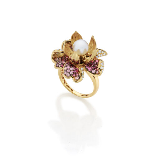 Anel ouro amarelo rubis, safiras, diamantes e pérola Akoya