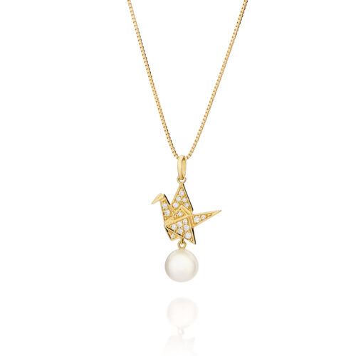 Pingente ouro amarelo Tsuru diamantes e pérola Akoya.