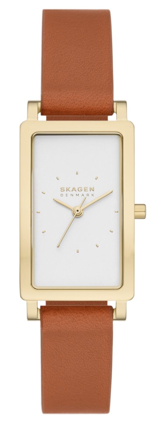 Relógio dourado analógico, caixa retangular, mostrador branco, pulseira couro marrom.