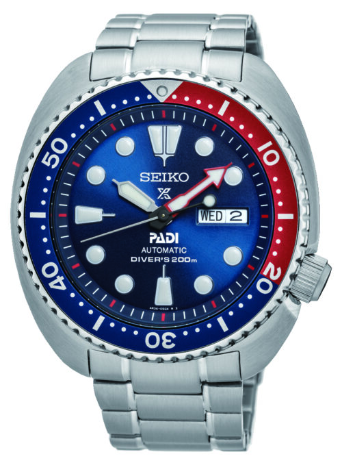 Relógio aço automático, bisel azul e vermelho, mostrador azul, calendário, pulseira aço.